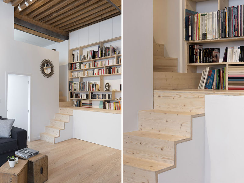 Placards, bibliothèque, bureau et escalier, appartement Lyon 1er — Atelier Thomas Maincent